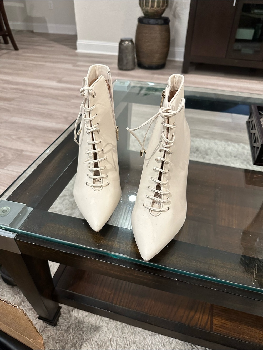 ANTONIO MELANI Cream Lace-Up Pointed Toe Ankle Boots